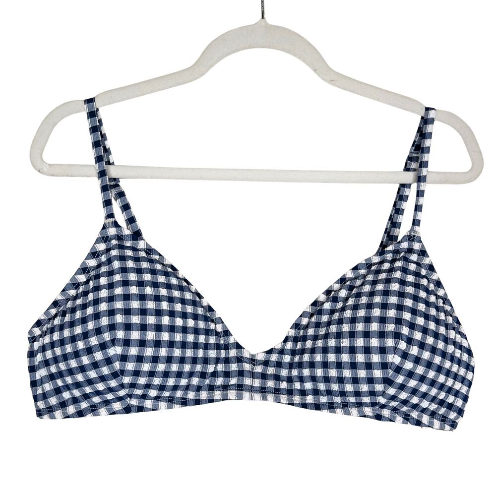 J. Crew Textured Padded Gingham French Bikini Top Size 2X Blue White Check Beach
